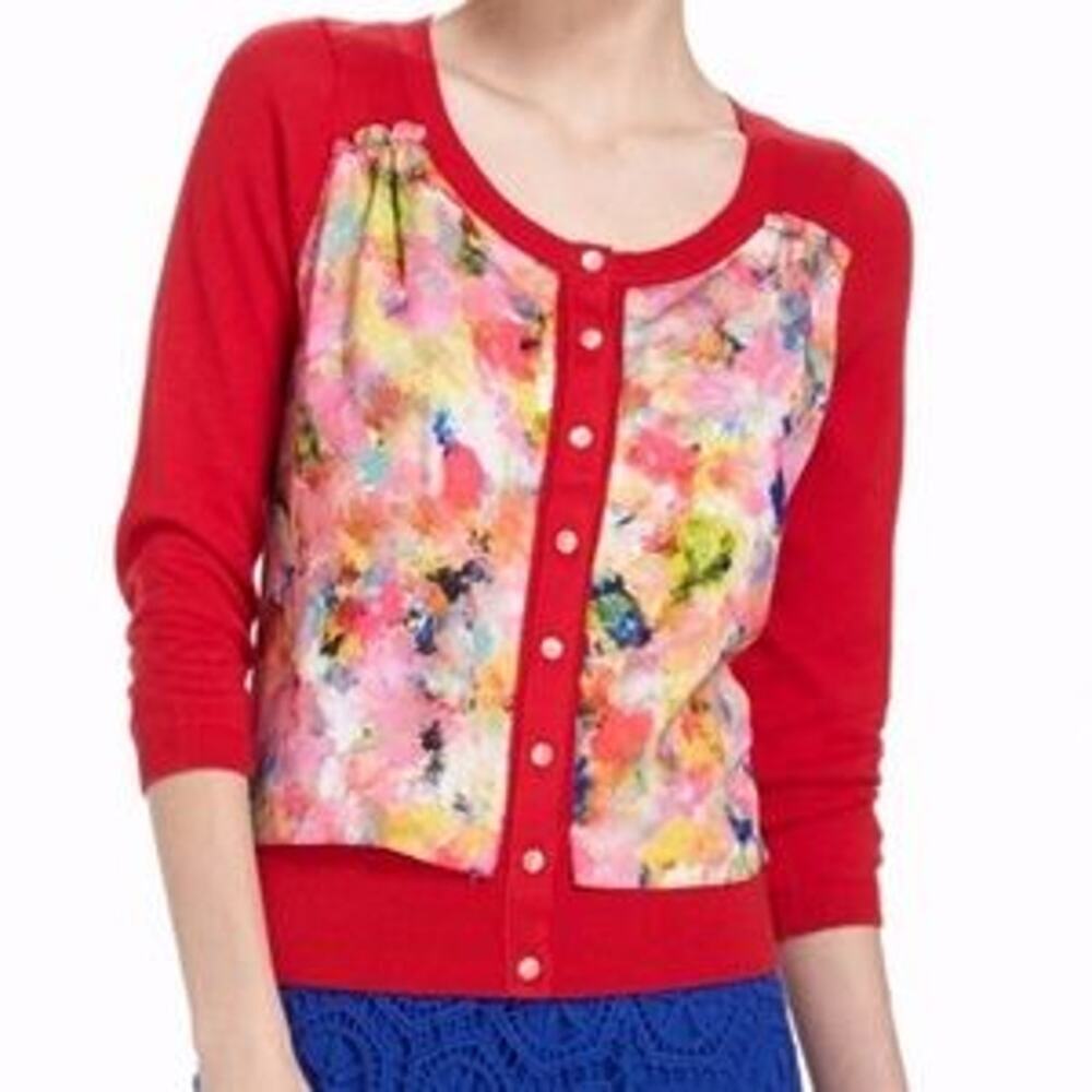 Anthropologie HWR {Monogram} Red Floral Panel Cardigan SMALL